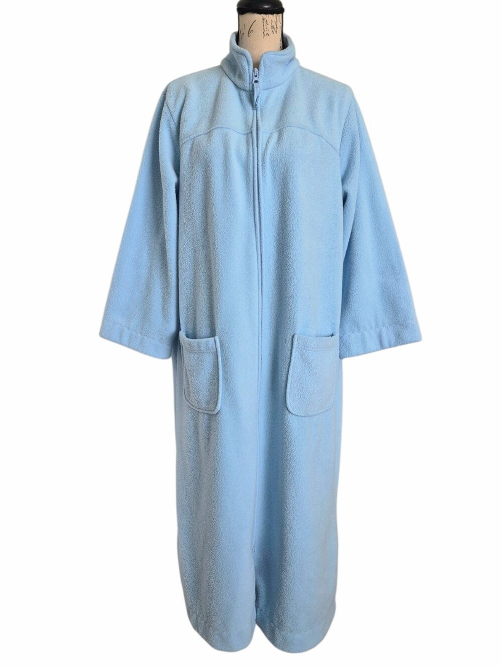 LL Bean Womens Winter Fleece Zip up Blue Long Robe size L Pockets Loungewear